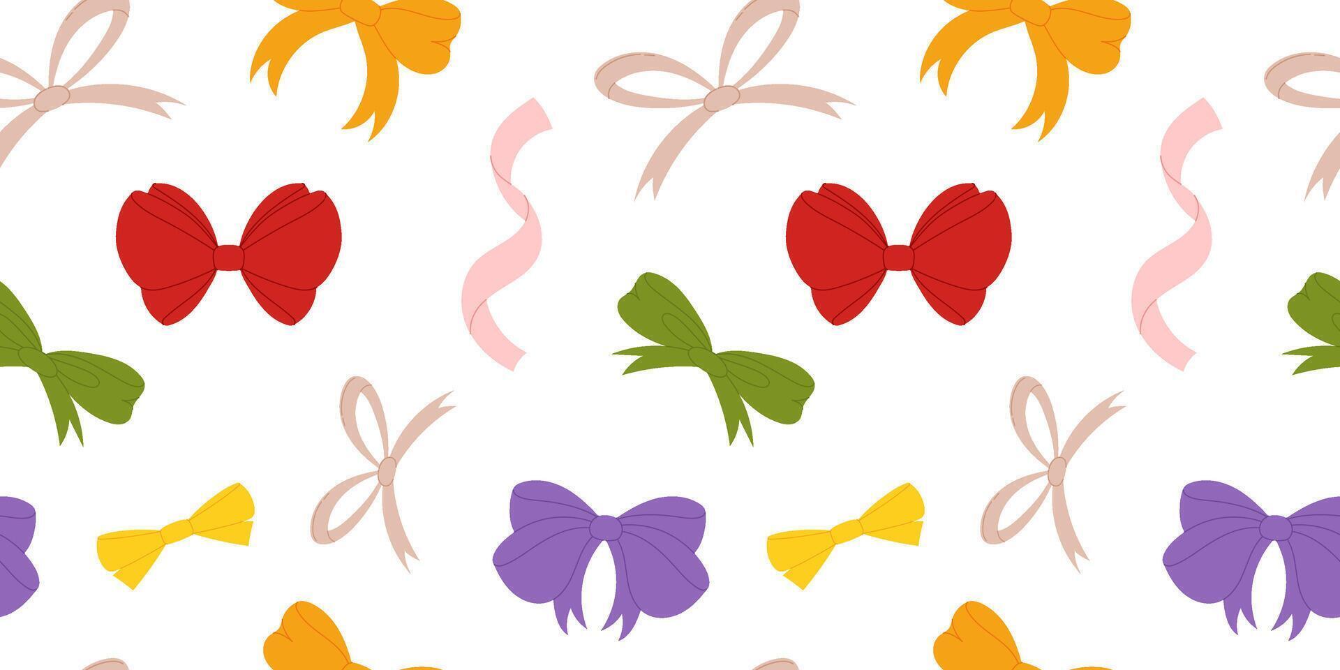 Charming Seamless Vector Pattern with Pink, Red and Yellow Bows on. Ideal Repeatable Design, Perfect for Various Applications Such as Textiles and Wrapping Paper.