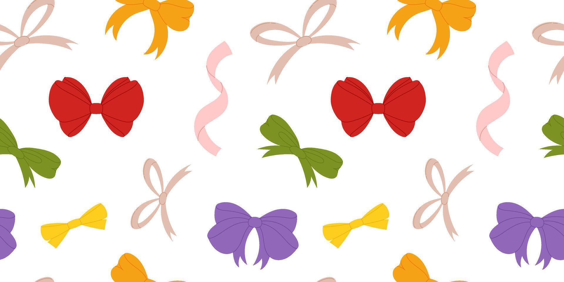 Charming Seamless Vector Pattern with Pink, Red and Yellow Bows on. Ideal Repeatable Design, Perfect for Various Applications Such as Textiles and Wrapping Paper.