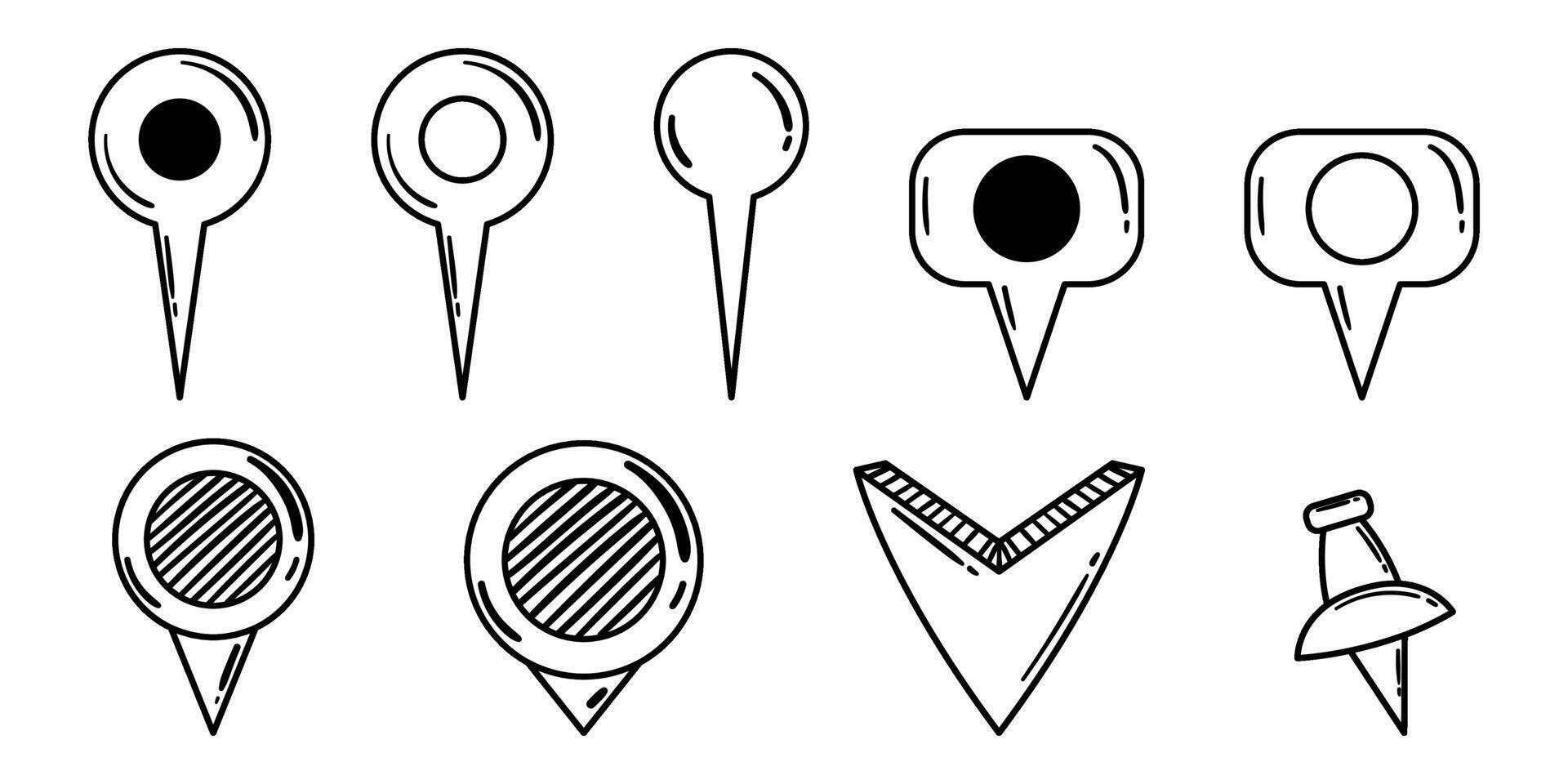 Set of Hand Drawn Doodle Location Pins. Diversify Your Designs with Various Navigation Markers, Pinpoints, Tags and Arrow for a Fun and Engaging Look. vector