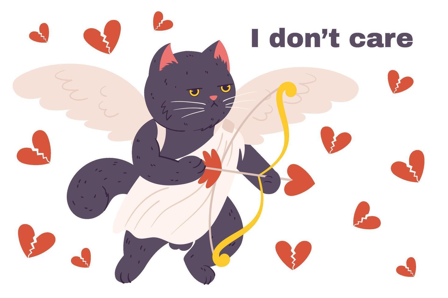Grumpy cupid cat flying in a white cloth, holding arrow and bow in paw with wings behind him. Annoyed character who doesn't like Valentine's Day And Text - I Don't care vector
