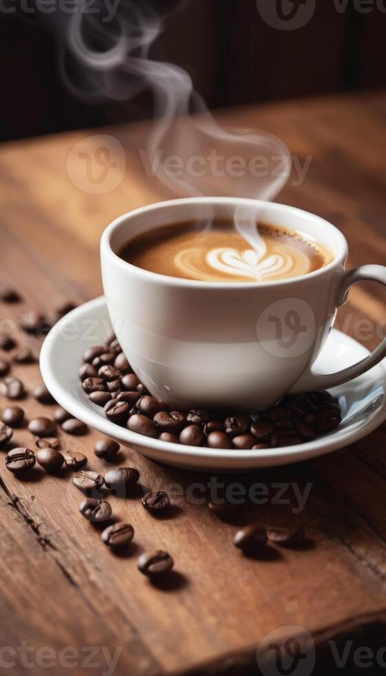 AI generated Cup of coffee with steam on a wooden table photo