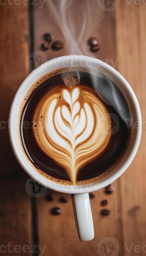 AI generated Cup of coffee with steam on a wooden table photo
