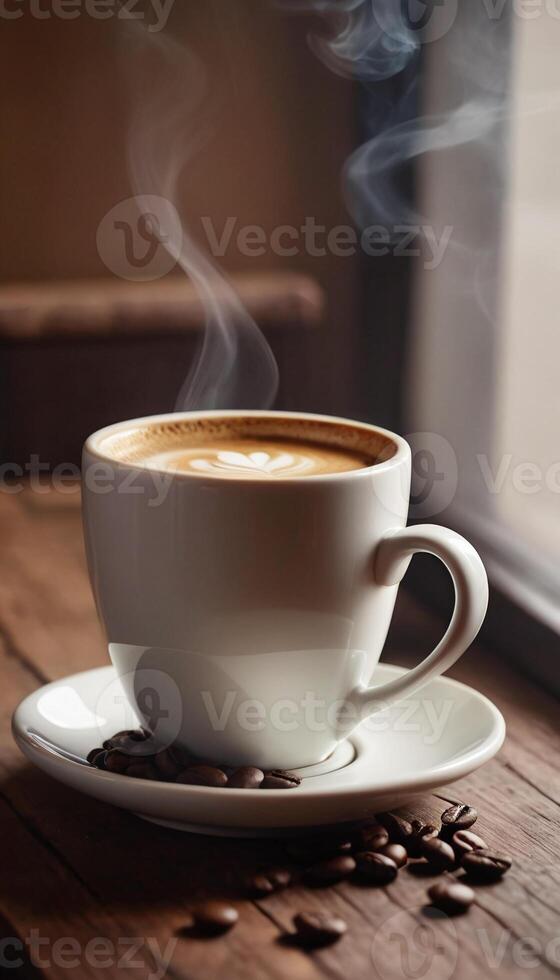 AI generated Cup of coffee with steam on a wooden table photo