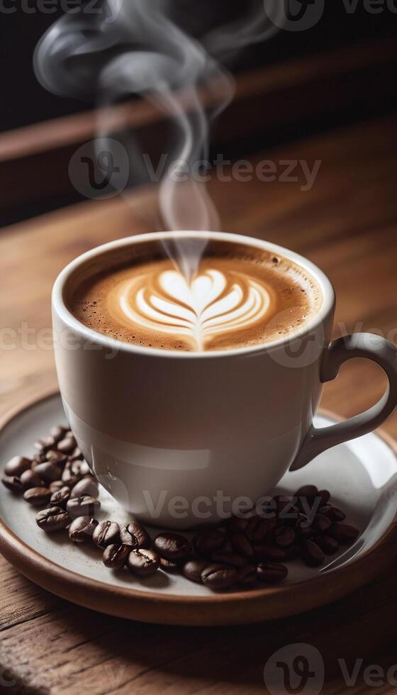 AI generated Cup of coffee with steam on a wooden table photo