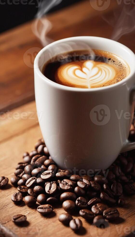 AI generated Cup of coffee with steam on a wooden table photo