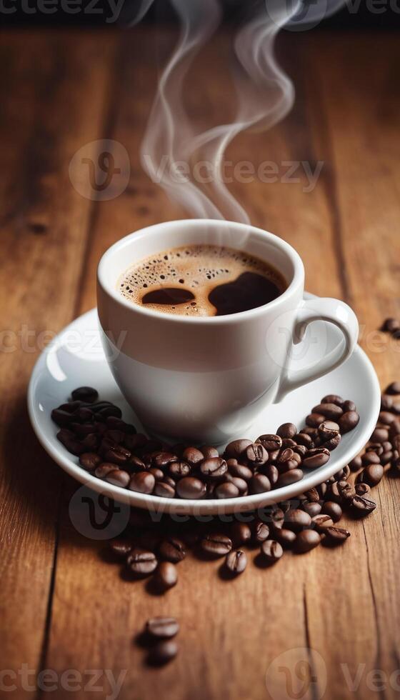 AI generated Cup of coffee with steam on a wooden table photo