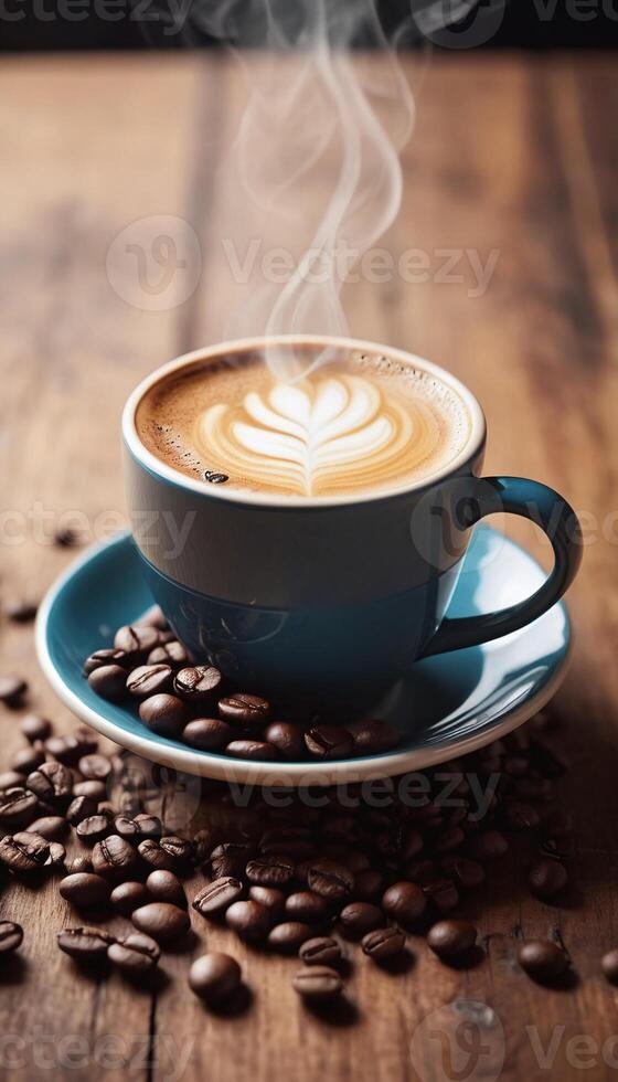 AI generated Cup of coffee with steam on a wooden table photo
