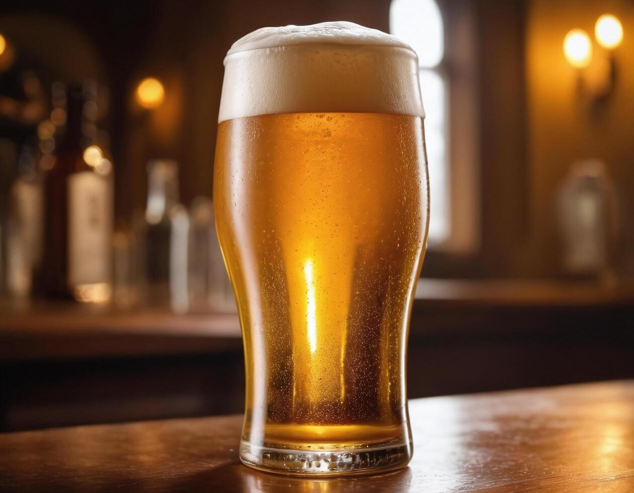 AI generated Beer in  glass in a bar with bokeh background photo
