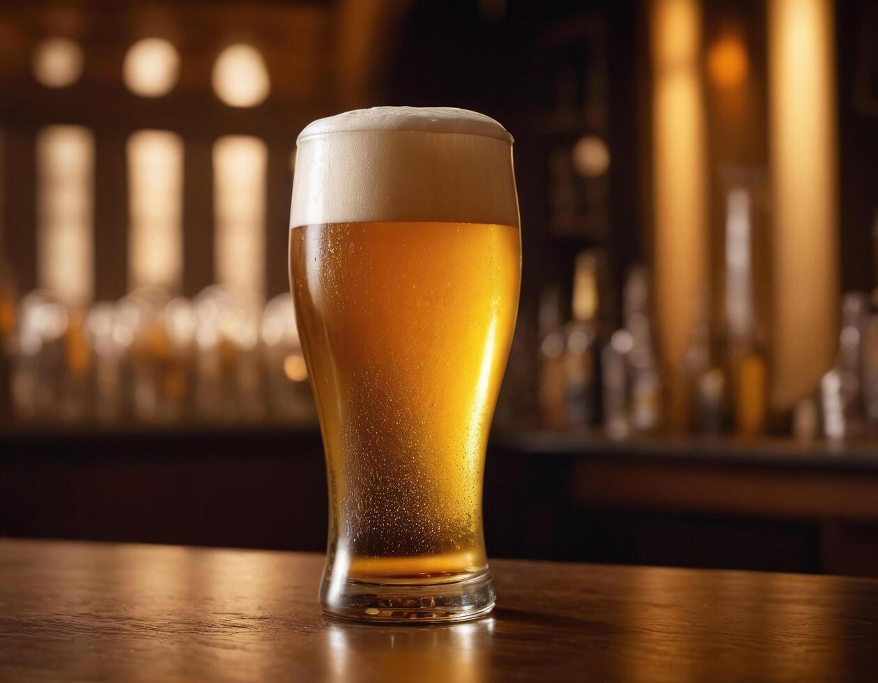 AI generated Beer in  glass in a bar with bokeh background photo