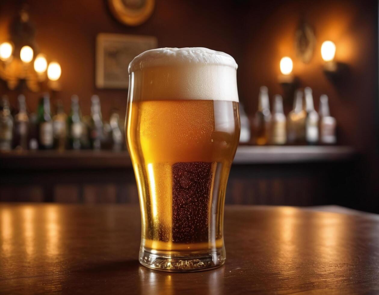 AI generated Beer in  glass in a bar with bokeh background photo