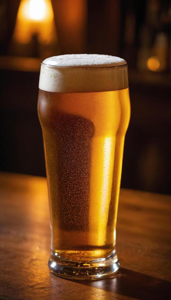 AI generated Beer in  glass in a bar with bokeh background photo