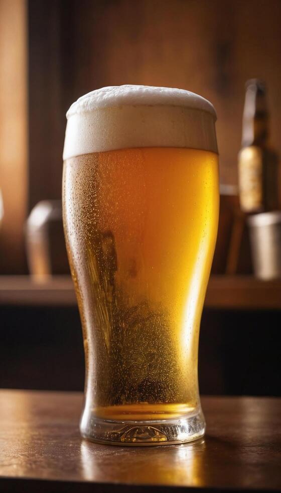 ai generado cerveza en vaso en un bar con bokeh antecedentes foto