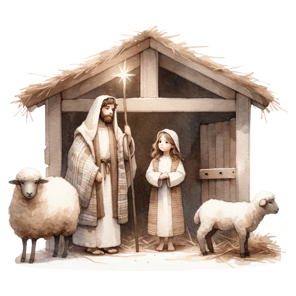 AI generated Serene watercolor depiction of the Nativity scene, with Mary and Joseph admiring Baby Jesus in the manger. png