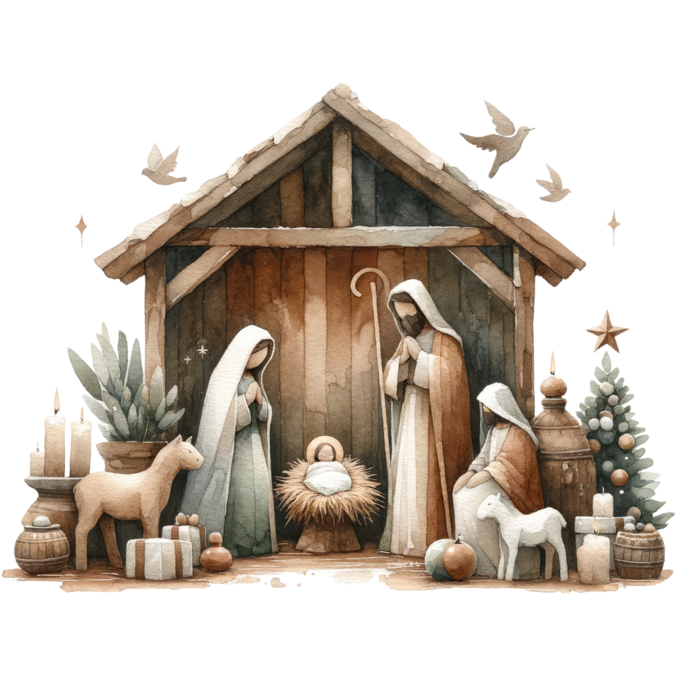 AI generated Serene watercolor depiction of the Nativity scene, with Mary and Joseph admiring Baby Jesus in the manger. png