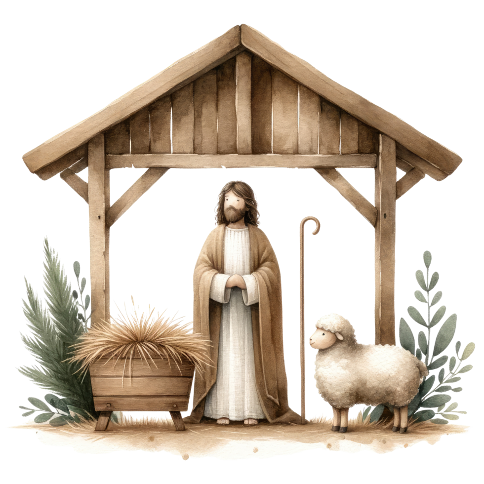 AI generated Serene watercolor depiction of the Nativity scene, with Mary and Joseph admiring Baby Jesus in the manger. png