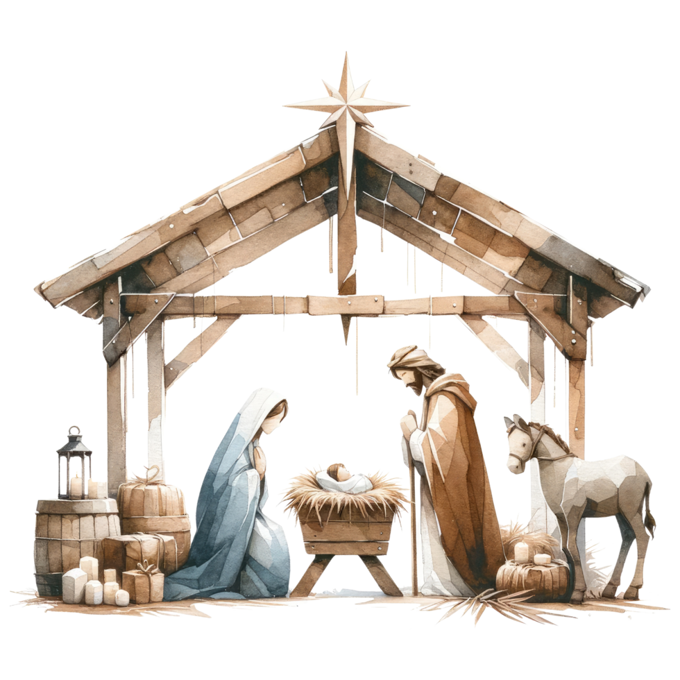 AI generated Serene watercolor depiction of the Nativity scene, with Mary and Joseph admiring Baby Jesus in the manger. png