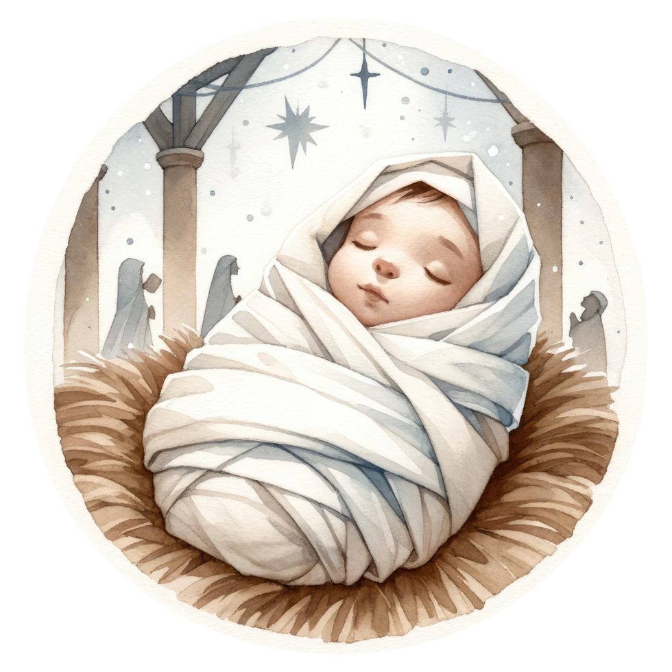 AI generated Serene watercolor depiction of the Nativity scene, with Mary and Joseph admiring Baby Jesus in the manger. png