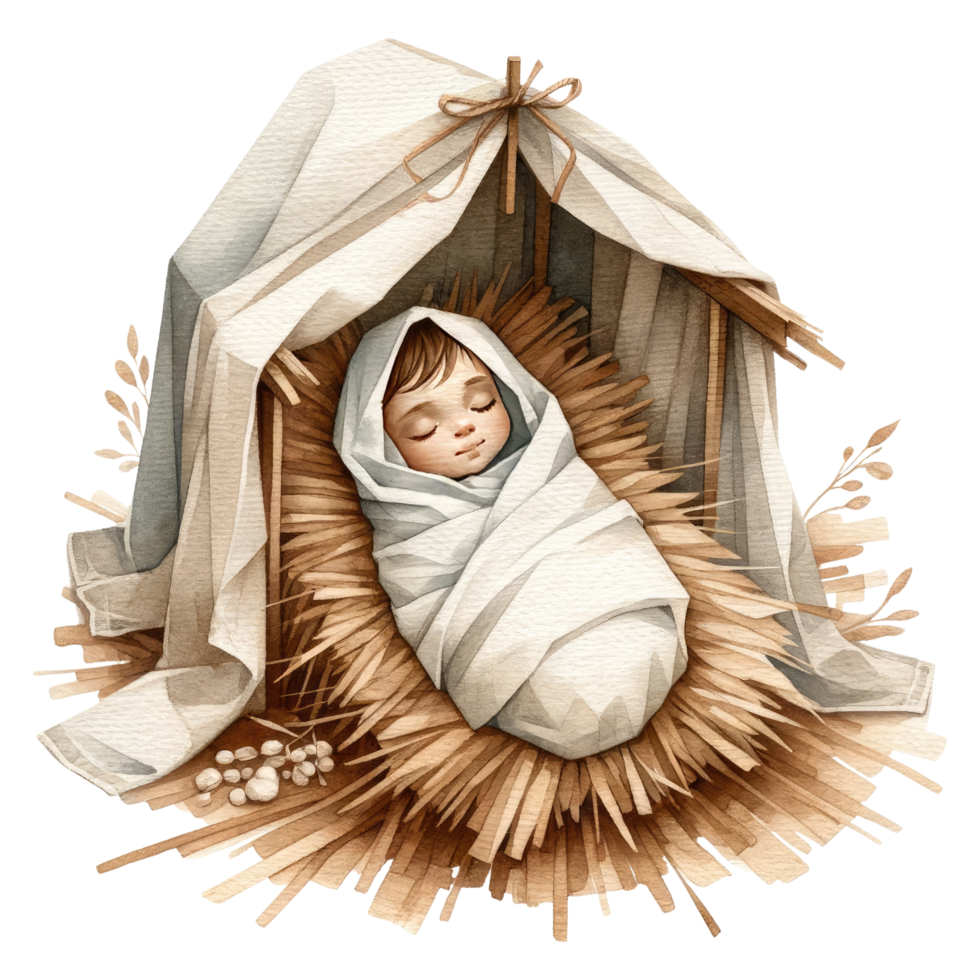 AI generated Serene watercolor depiction of the Nativity scene, with Mary and Joseph admiring Baby Jesus in the manger. png