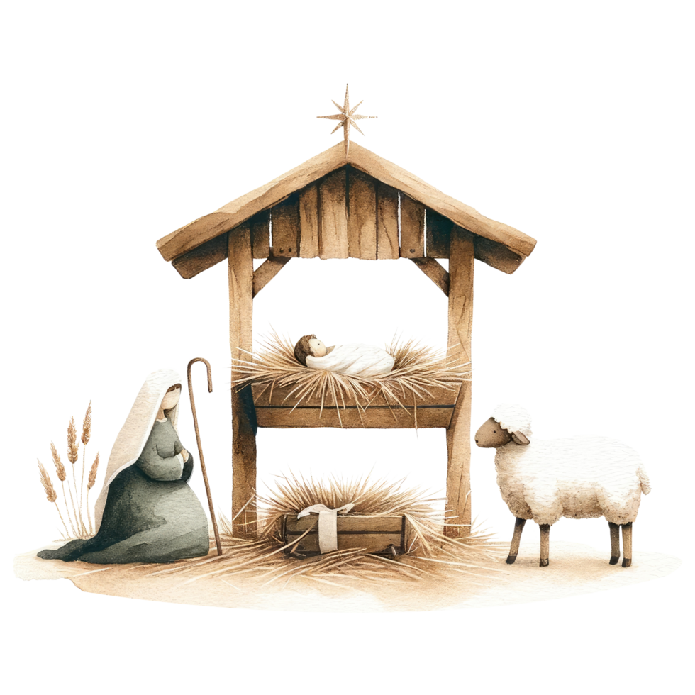 AI generated Serene watercolor depiction of the Nativity scene, with Mary and Joseph admiring Baby Jesus in the manger. png