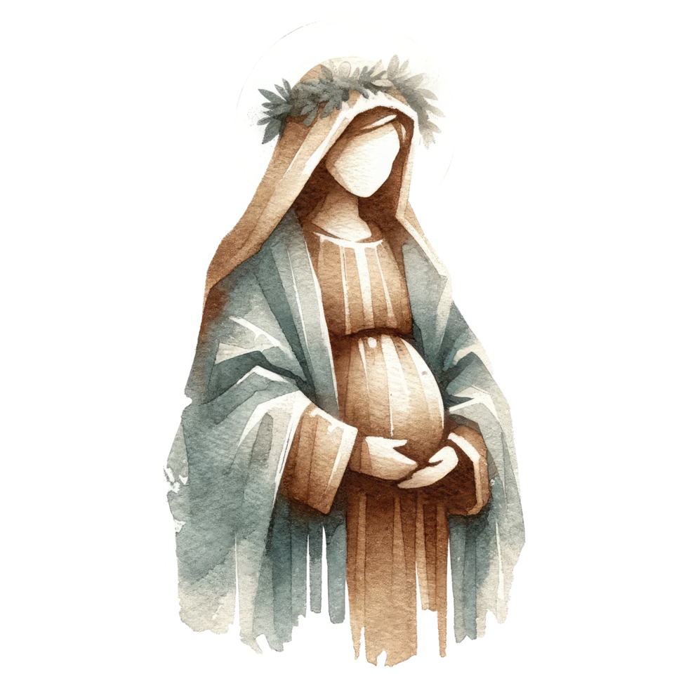 AI generated Watercolor illustration of Virgin Mary in contemplation with a glowing halo, accompanied by two doves, symbolizing peace and holiness. png