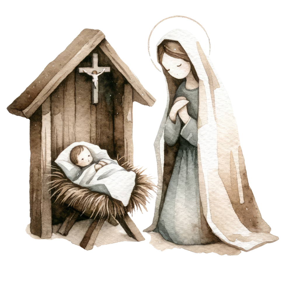 ai généré serein aquarelle représentation de le Nativité scène, avec Marie et joseph admiratif bébé Jésus dans le manger. png