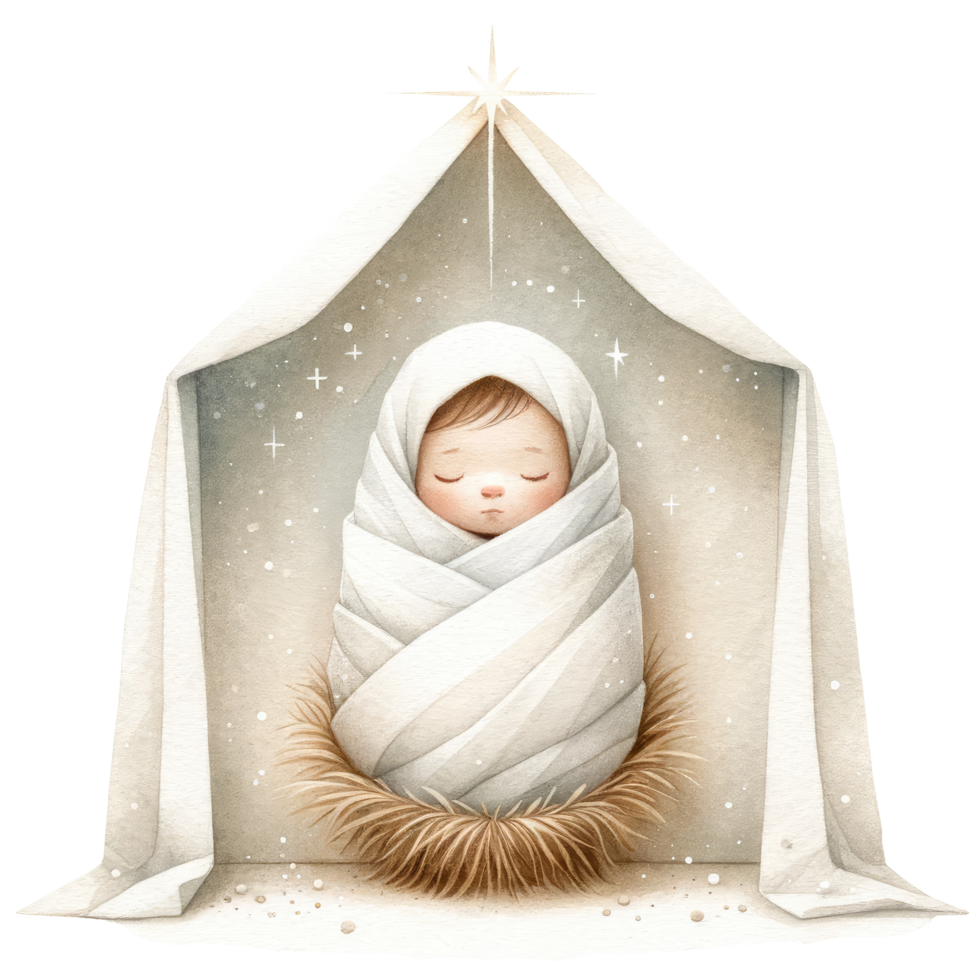 AI generated Serene watercolor depiction of the Nativity scene, with Mary and Joseph admiring Baby Jesus in the manger. png