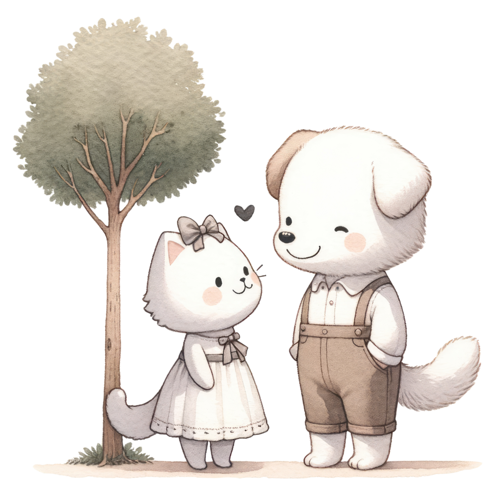 AI generated Couple cat and dog dressed in elegant attire, sharing a sweet, affectionate moment together. png