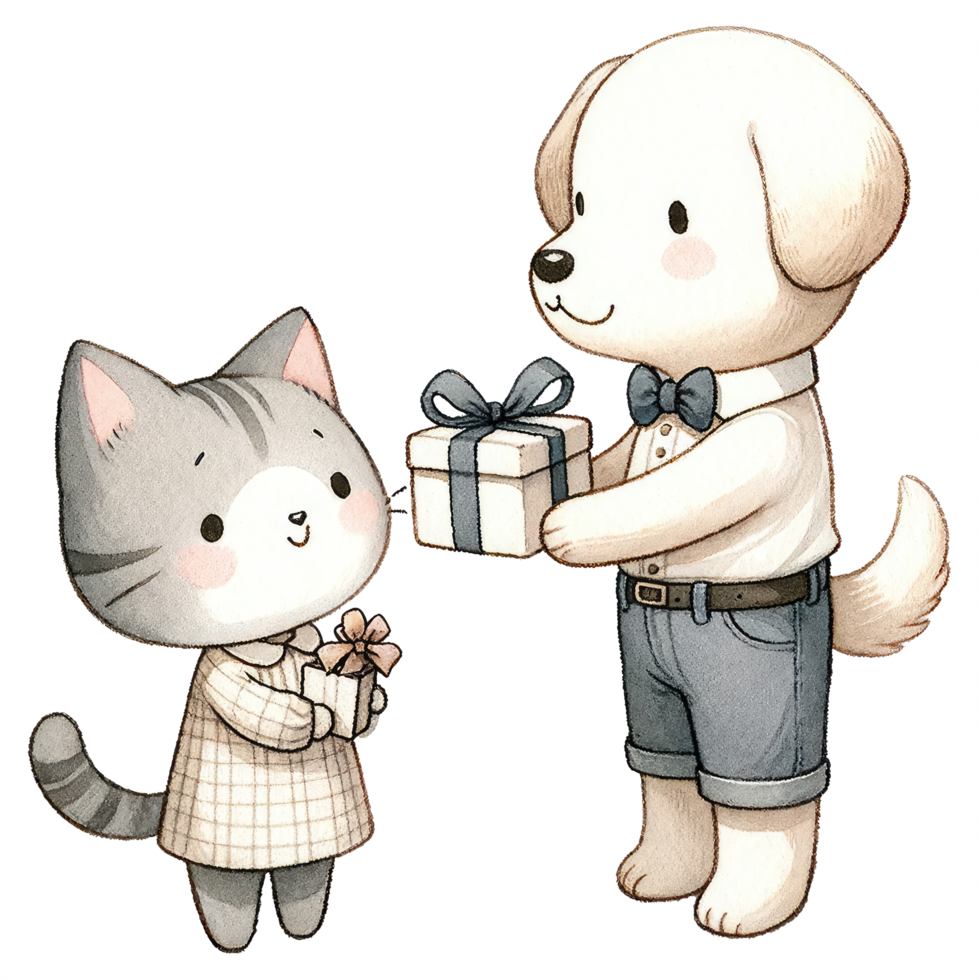 AI generated Couple cat and dog dressed in elegant attire, sharing a sweet, affectionate moment together. png