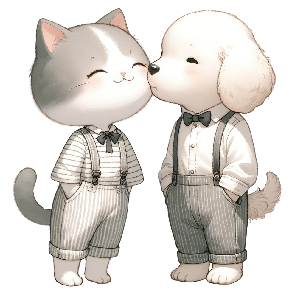 AI generated Couple cat and dog dressed in elegant attire, sharing a sweet, affectionate moment together. png