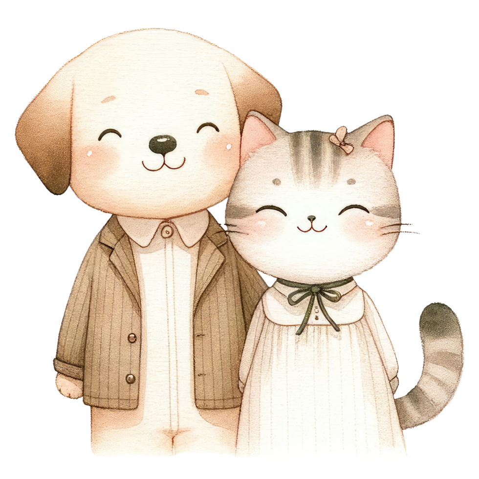 AI generated Couple cat and dog dressed in elegant attire, sharing a sweet, affectionate moment together. png