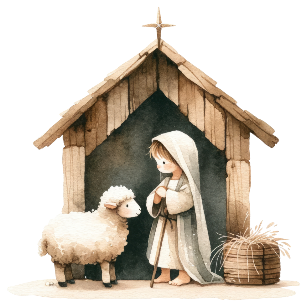 AI generated A tender watercolor painting depicting Jesus Christ with a crown of thorns, standing beside a lamb, symbolizing sacrifice and redemption. png
