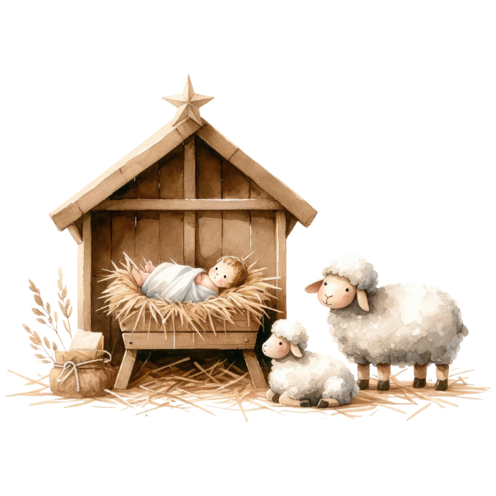 AI generated Serene watercolor depiction of the Nativity scene, with Mary and Joseph admiring Baby Jesus in the manger. png