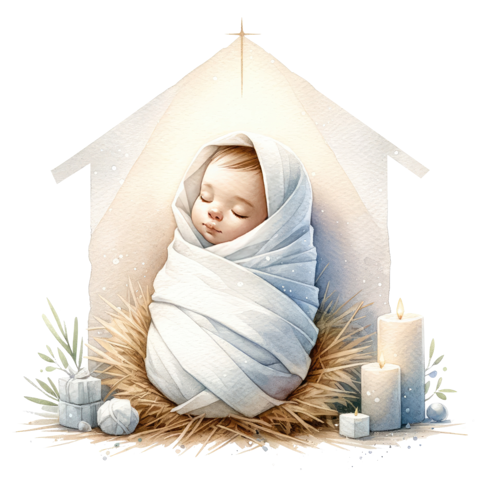 AI generated Serene watercolor depiction of the Nativity scene, with Mary and Joseph admiring Baby Jesus in the manger. png