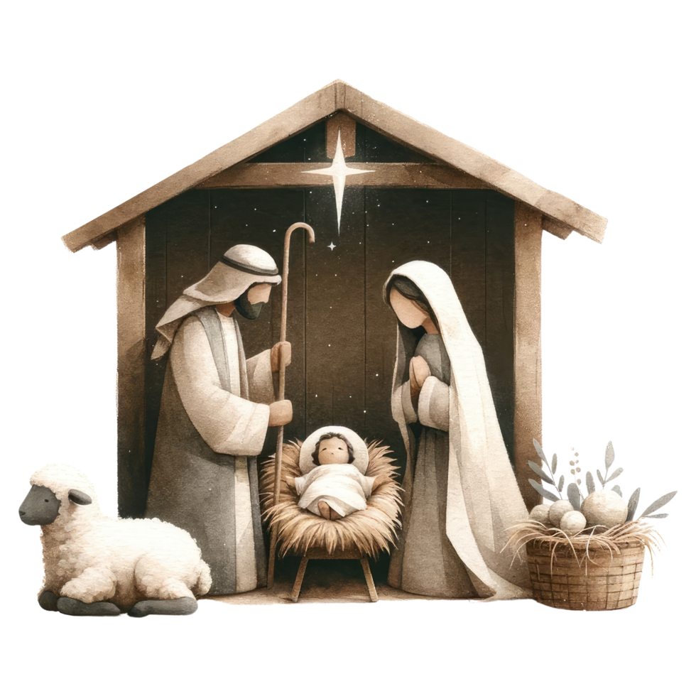 AI generated Serene watercolor depiction of the Nativity scene, with Mary and Joseph admiring Baby Jesus in the manger. png