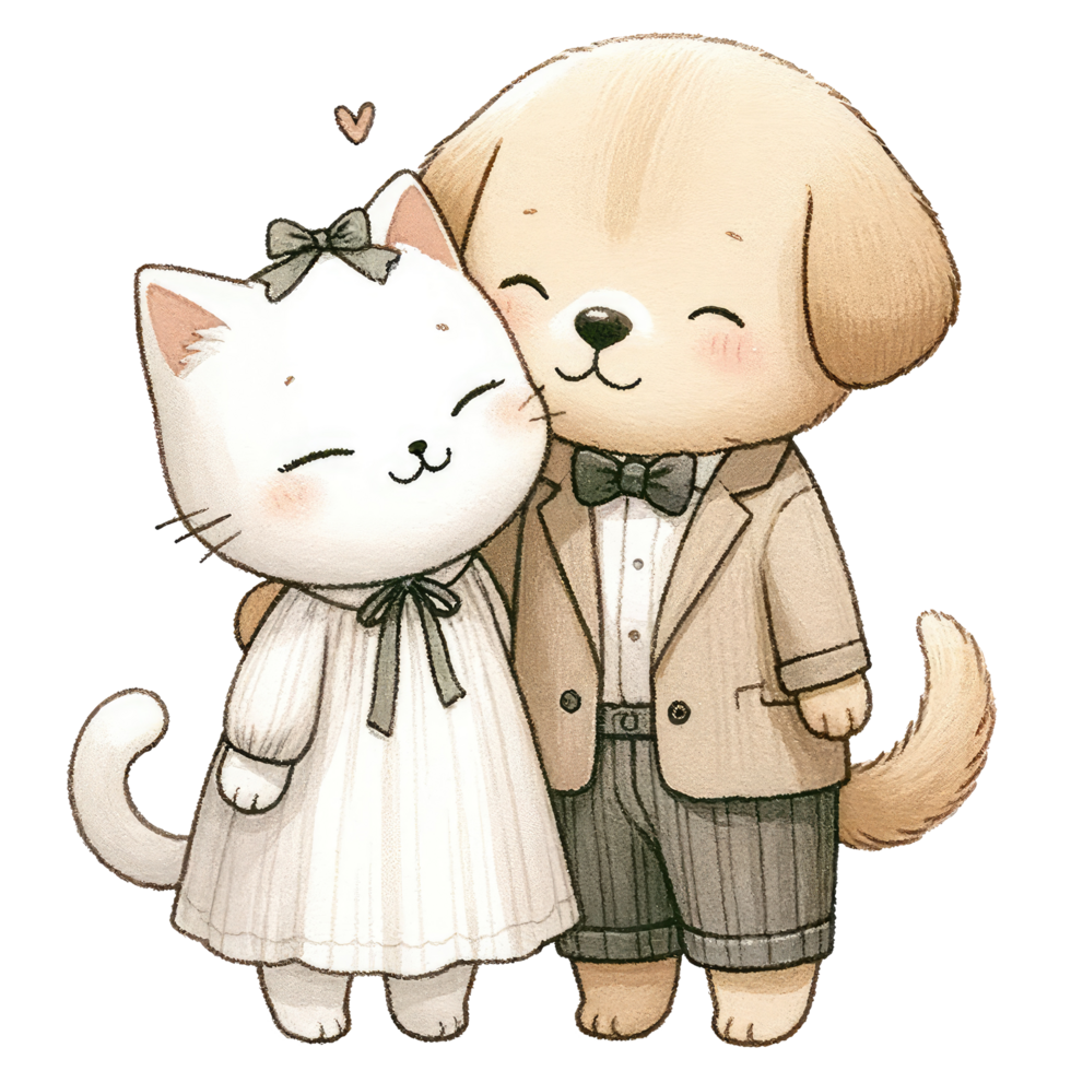 AI generated Couple cat and dog dressed in elegant attire, sharing a sweet, affectionate moment together. png