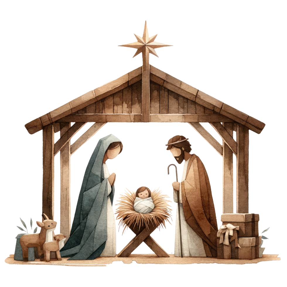 AI generated Serene watercolor depiction of the Nativity scene, with Mary and Joseph admiring Baby Jesus in the manger. png