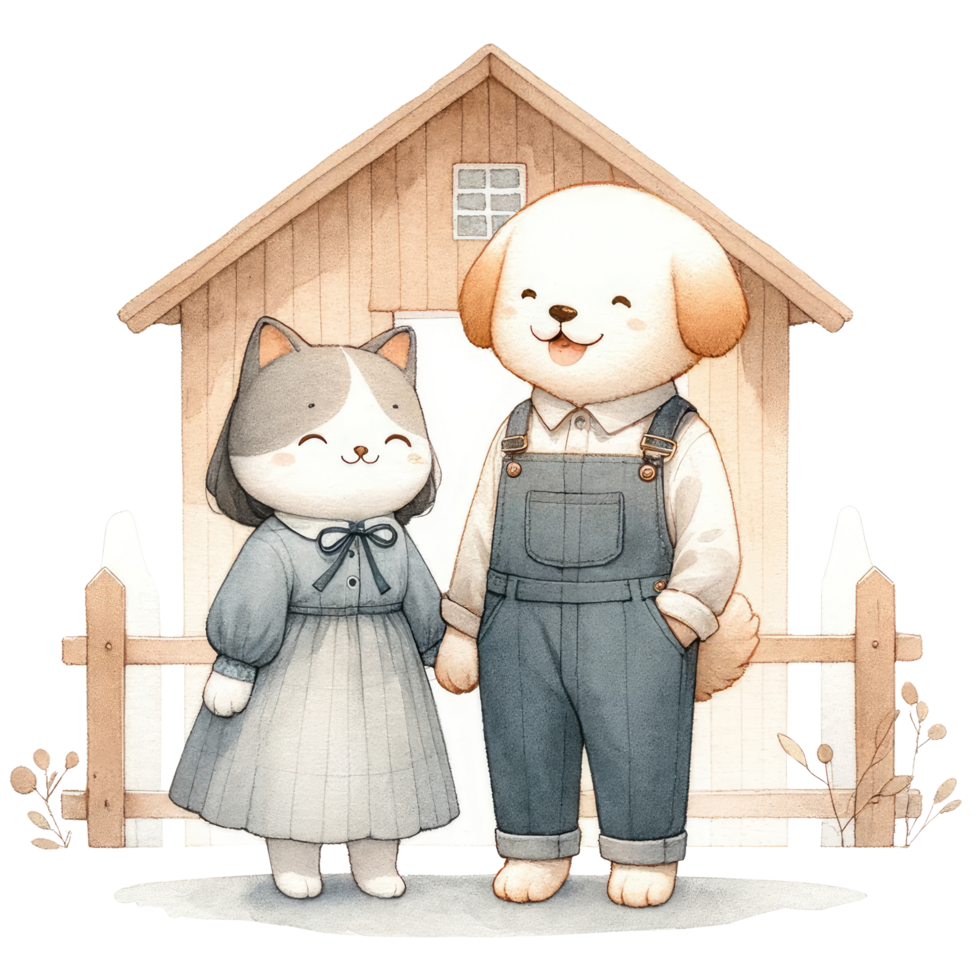 AI generated Couple cat and dog dressed in elegant attire, sharing a sweet, affectionate moment together. png