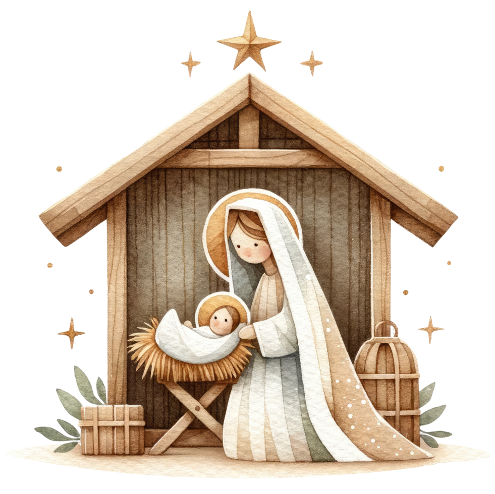 AI generated Serene watercolor depiction of the Nativity scene, with Mary and Joseph admiring Baby Jesus in the manger. png