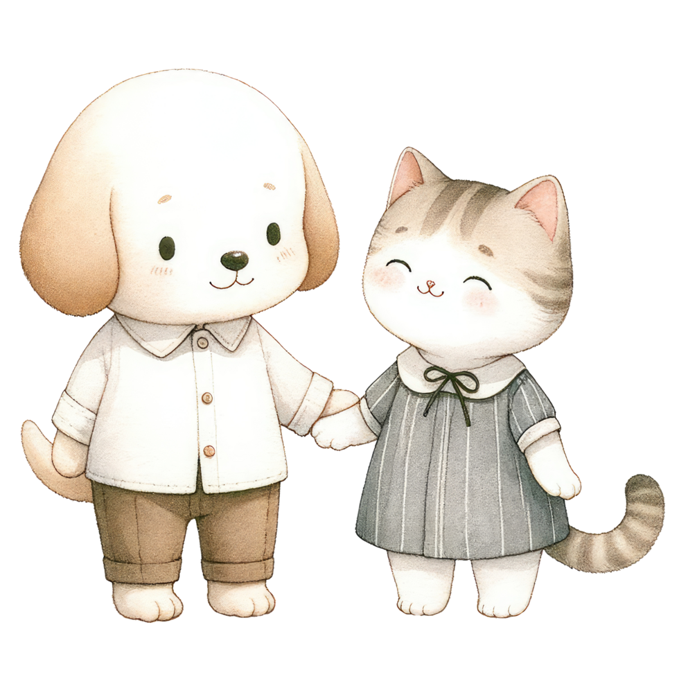 ai generato coppia gatto e cane vestito nel elegante abbigliamento, condivisione un' dolce, affettuoso momento insieme. png