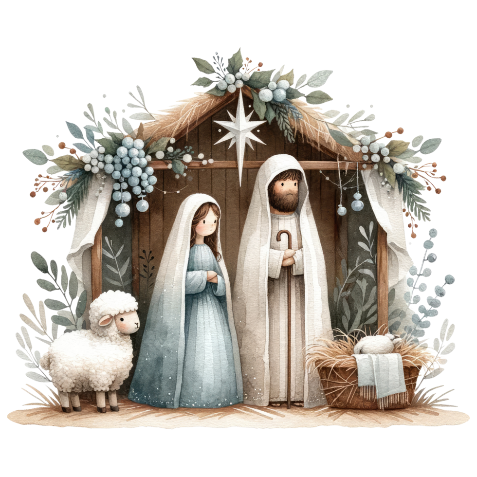 AI generated Serene watercolor depiction of the Nativity scene, with Mary and Joseph admiring Baby Jesus in the manger. png