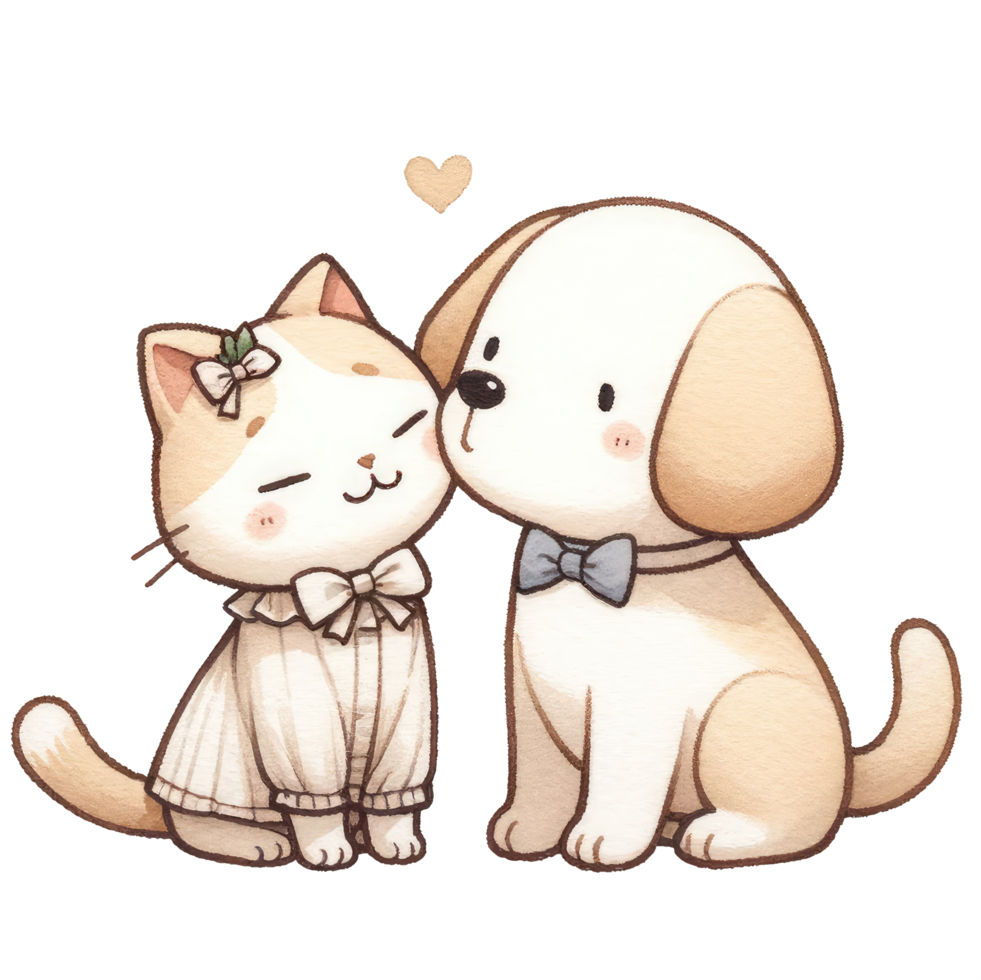 AI generated Couple cat and dog dressed in elegant attire, sharing a sweet, affectionate moment together. png