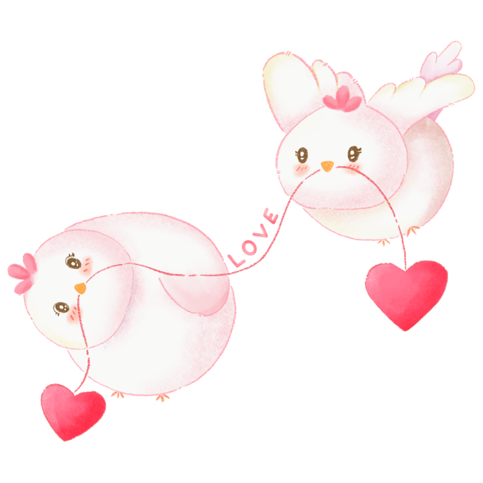 couple love concept of cartoon two cute chubby birds holding a red thread with a heart on it. png