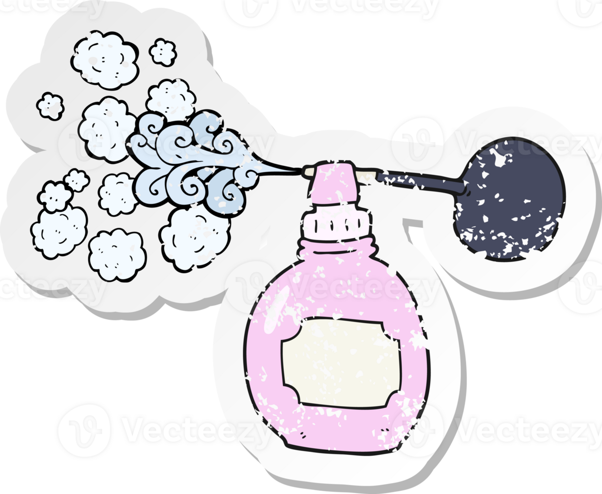 retro distressed sticker of a cartoon perfume bottle png