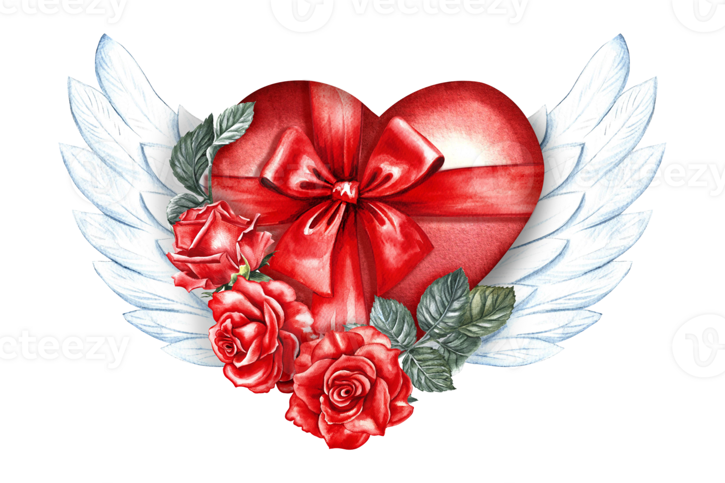 A red watercolor heart as a gift, decorated with a bow, roses and white wings. Hand-drawn watercolor illustration. For a Valentine's Day card, a wedding. For packaging, posters and flyers, prints. png