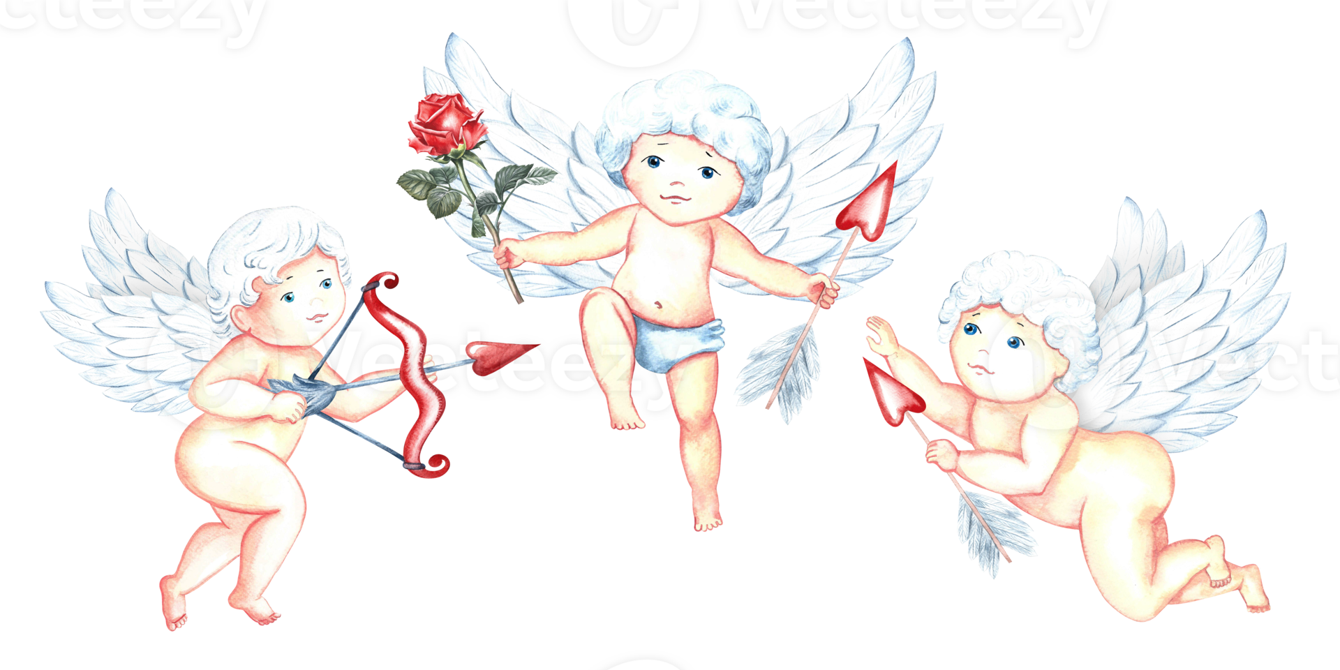 un conjunto de lindo, adorable adorable cupidos con flechas y un arco. pequeño ángeles o el Dios Eros. un dibujado a mano acuarela ilustración. para San Valentín día y boda. para postales, huellas dactilares, embalaje. png