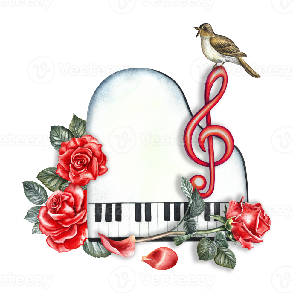 The piano is white, top view, with red roses and a treble clef. The watercolor illustration is hand-drawn. For posters, flyers and invitation cards. For postcards, logos, badges, stickers and prints. png