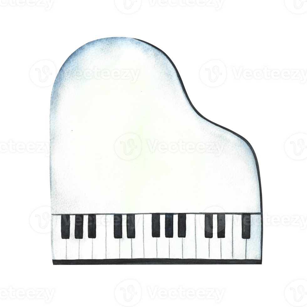 The piano is white, top view. The watercolor illustration is hand-drawn. Isolate. For posters, flyers and invitation cards. For banners and postcards. For logos, badges, stickers and prints. png