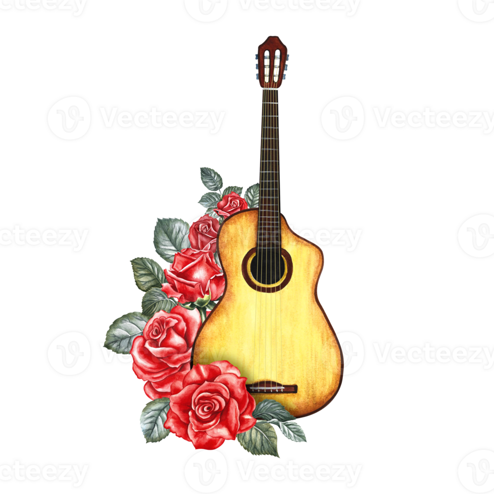 A guitar decorated with red roses. The watercolor illustration is hand-drawn. Isolate it. For posters, flyers and invitation cards. For banners and postcards. For logos, badges, stickers and prints. png