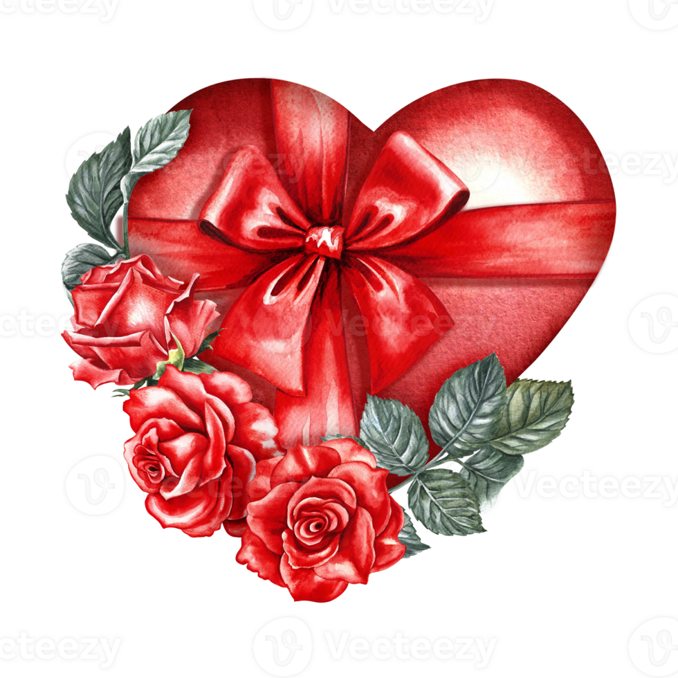 A red watercolor heart as a gift, decorated with a bow and roses. Hand-drawn watercolor illustration. For Valentine's Day cards, wedding invitations. For packaging, labels, posters and flyers, prints. png