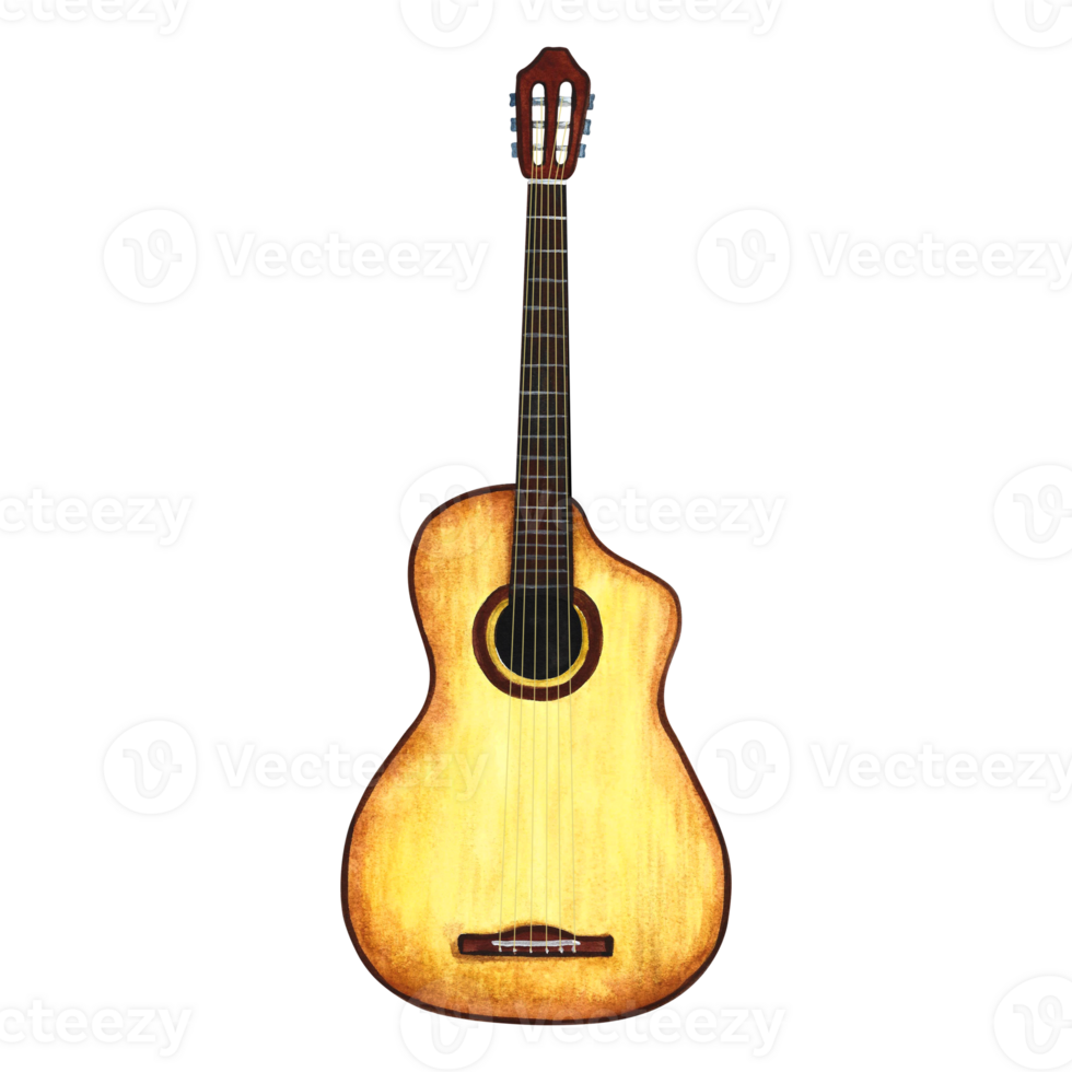 el guitarra es de seis cuerdas. el acuarela ilustración es dibujado a mano. aislar él. para logotipos, insignias, pegatinas y huellas dactilares. para postales, negocio tarjetas, volantes y carteles png